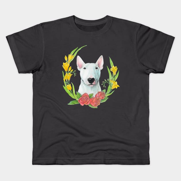 Bull terrier with flowers Kids T-Shirt by Noewi